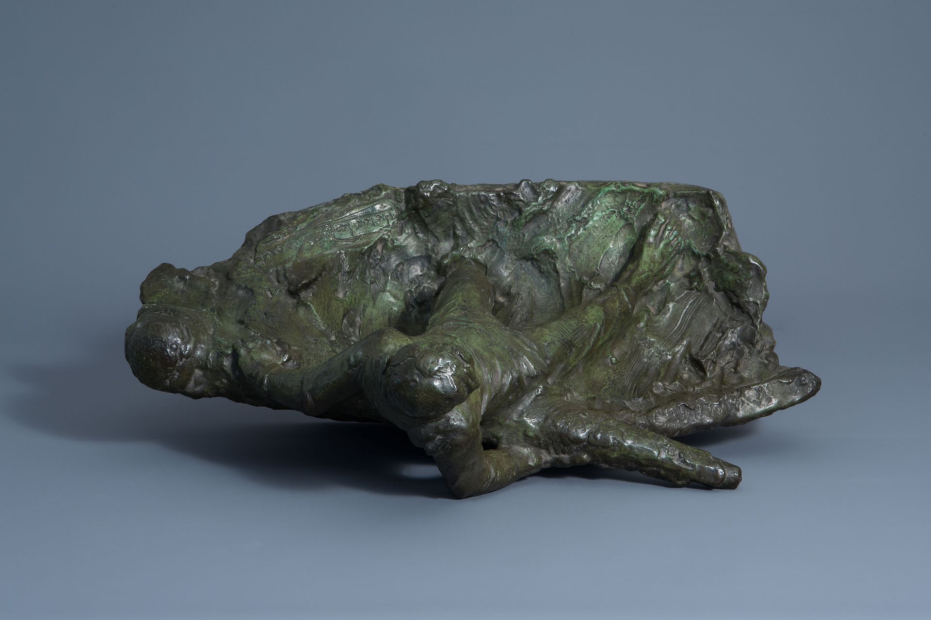 Victor Demanet (1895-1964): Man at the helm on a choppy sea, green patinated bronze - Image 6 of 8