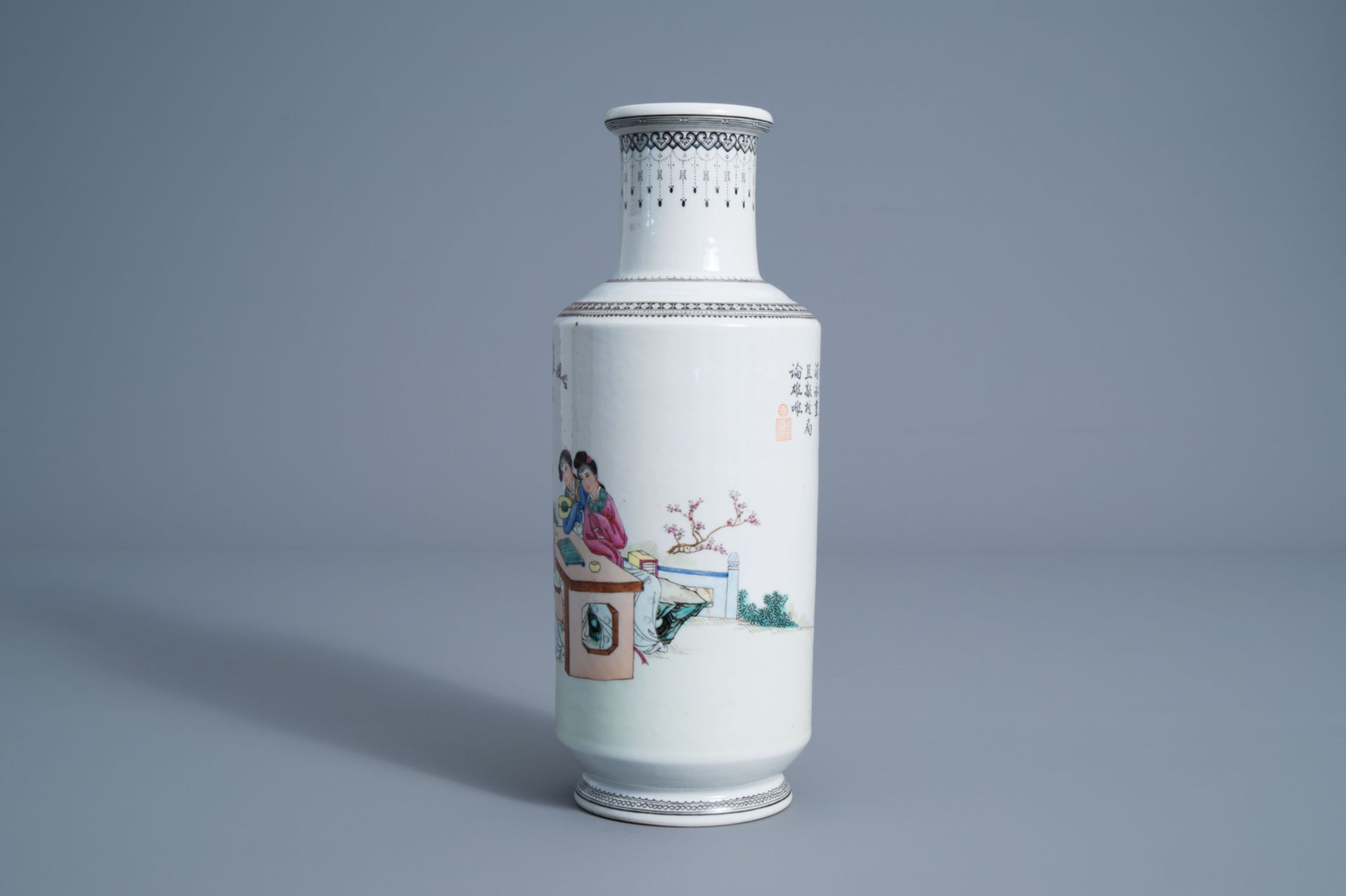 A Chinese famille rose rouleau vase with ladies in a garden, 20th C. - Image 4 of 6