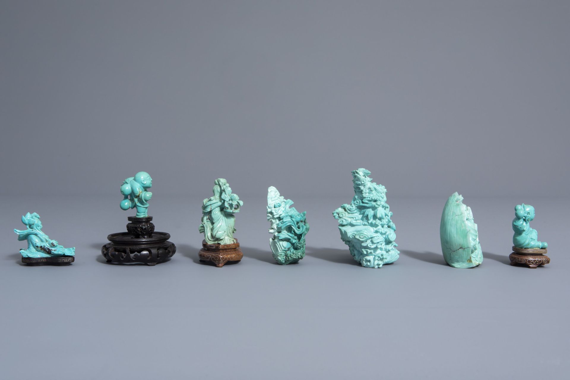 Seven Chinese carved turquoise figures, 20th C. - Image 3 of 7