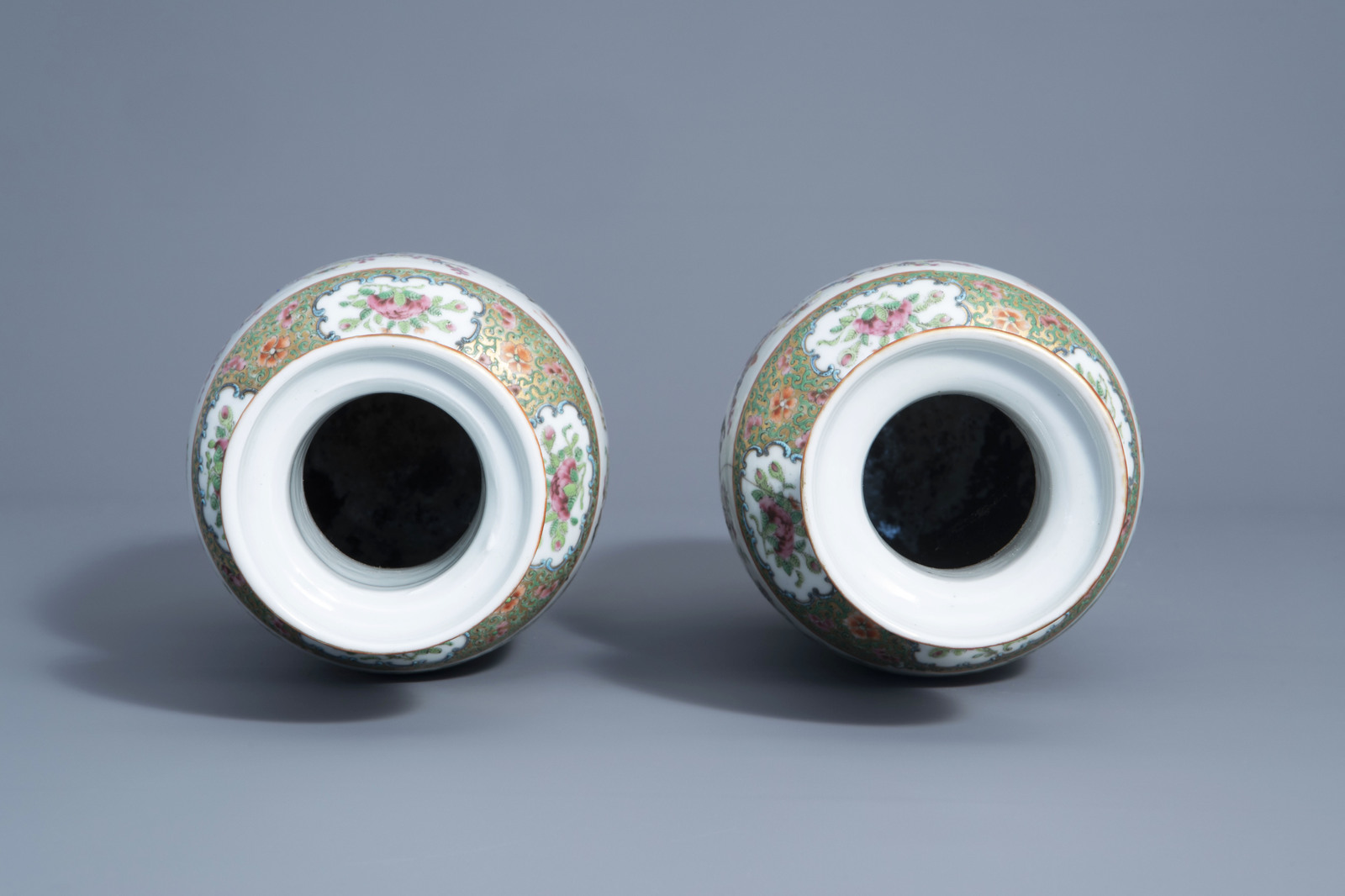 A pair of Chinese Canton famille rose vases with birds and butterflies among blossoms, 19thC. - Image 5 of 6