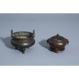 Two Chinese gold splashed and silver inlaid bronze censers, 19th/20th C.