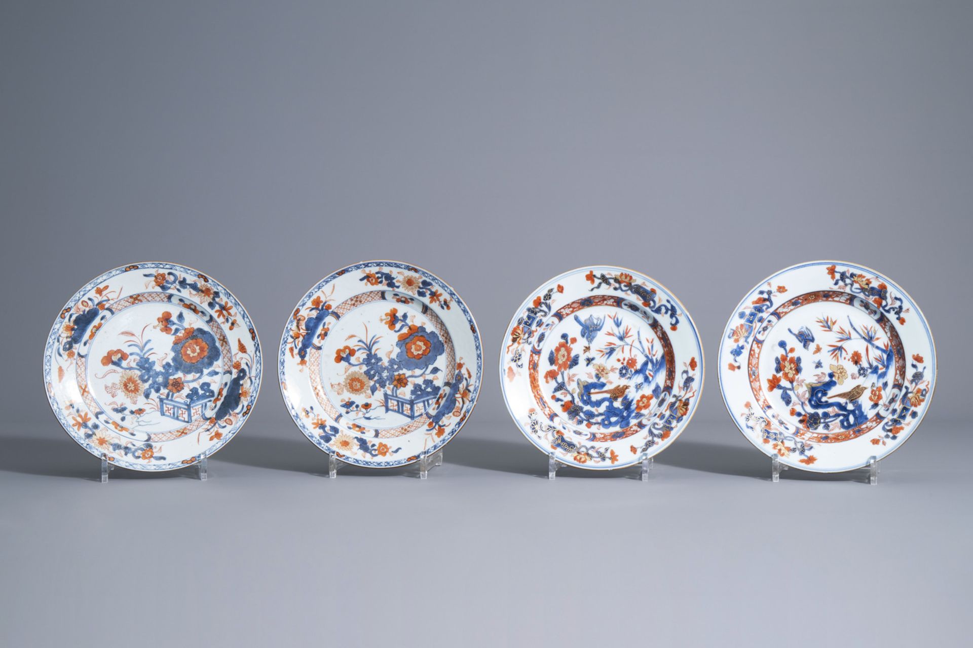 Two pairs of Chinese Imari style plates with floral design, Kangxi