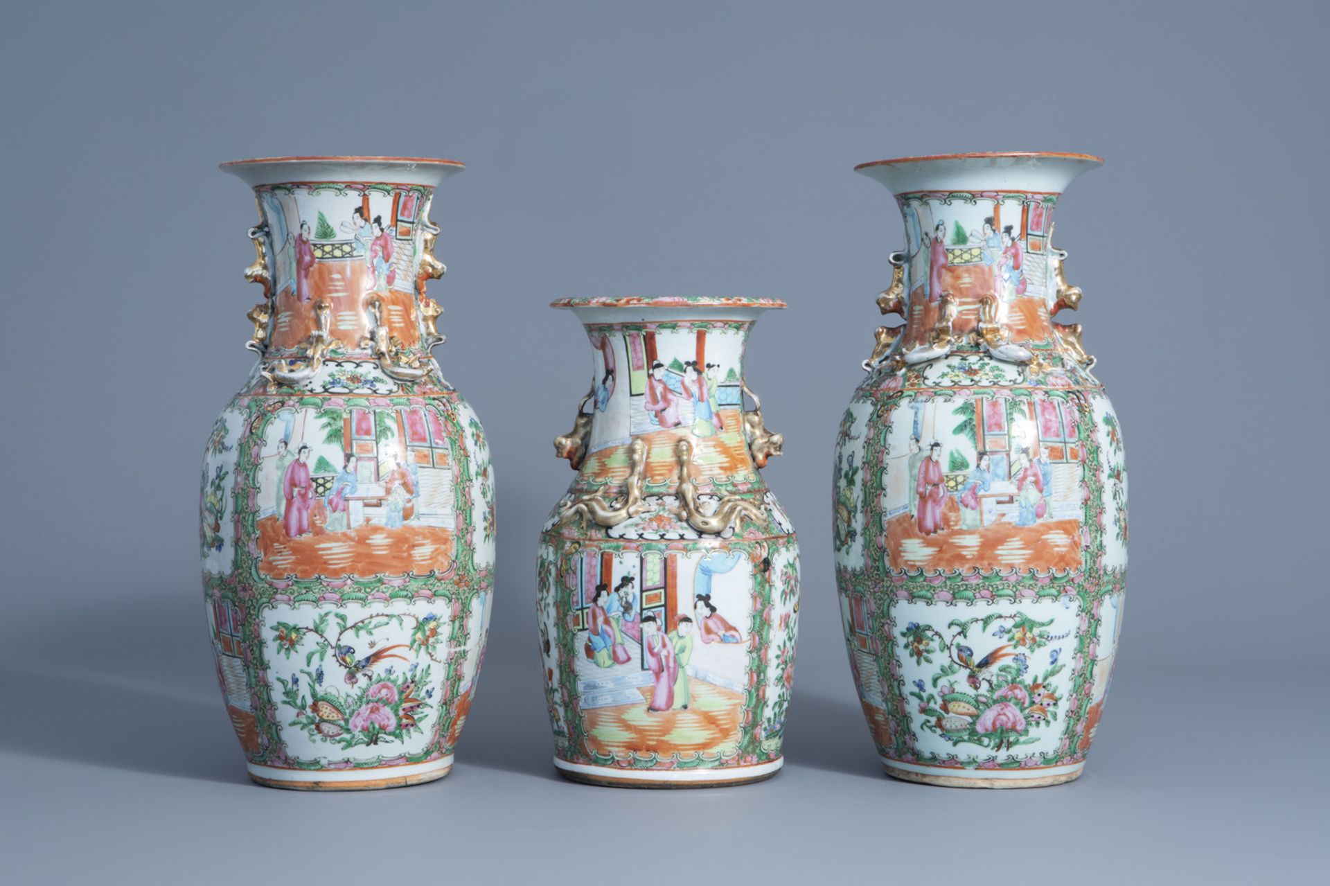 Three Chinese Canton famille rose vases, 19th/20th C.