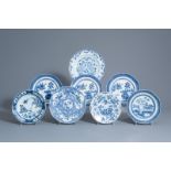 Eight Chinese blue and white plates with different designs, Kangxi and later