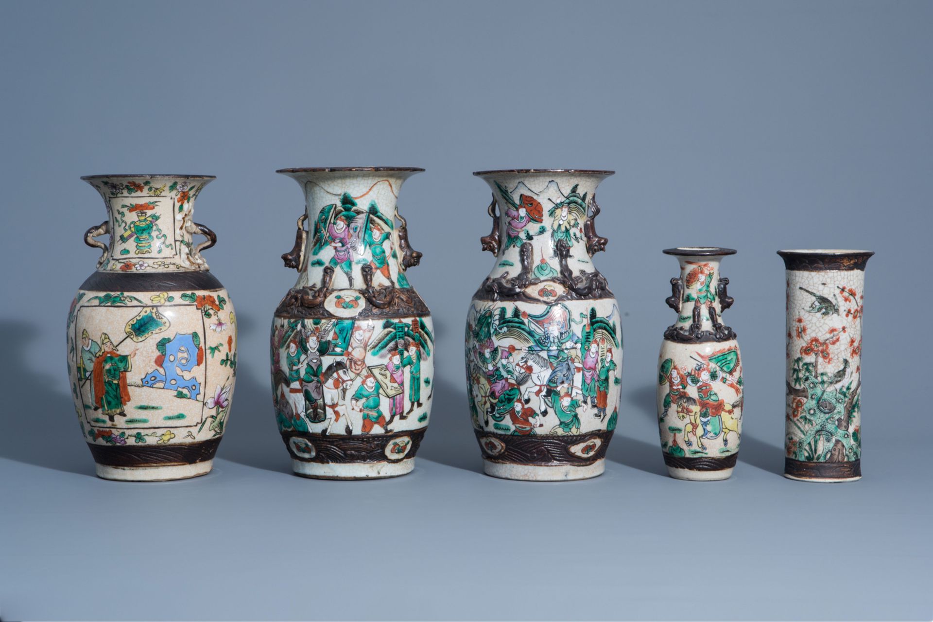 A varied collection of Chinese Nanking crackle glazed famille rose vases, ginger jars, a charger and - Image 2 of 17