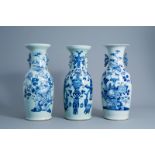 Three Chinese blue and white celadon vases with antiquities and birds among blossoms, 19th C.