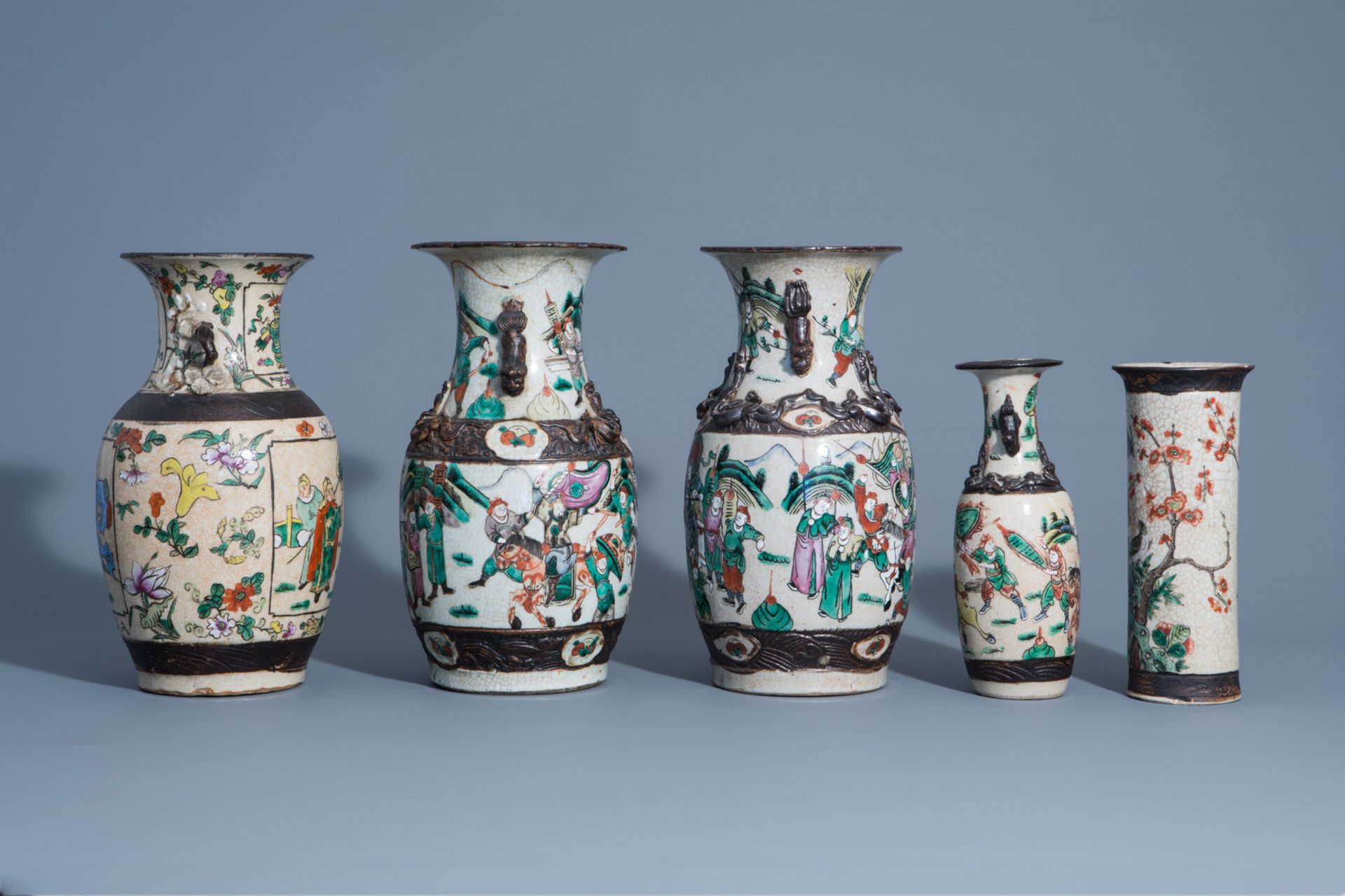 A varied collection of Chinese Nanking crackle glazed famille rose vases, ginger jars, a charger and - Image 5 of 17