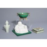 A Chinese blanc de Chine Buddha, a bronze mounted bowl, a jade vase and an inlaid hardstone box and