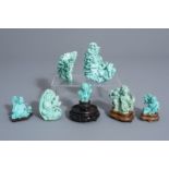 Seven Chinese carved turquoise figures, 20th C.