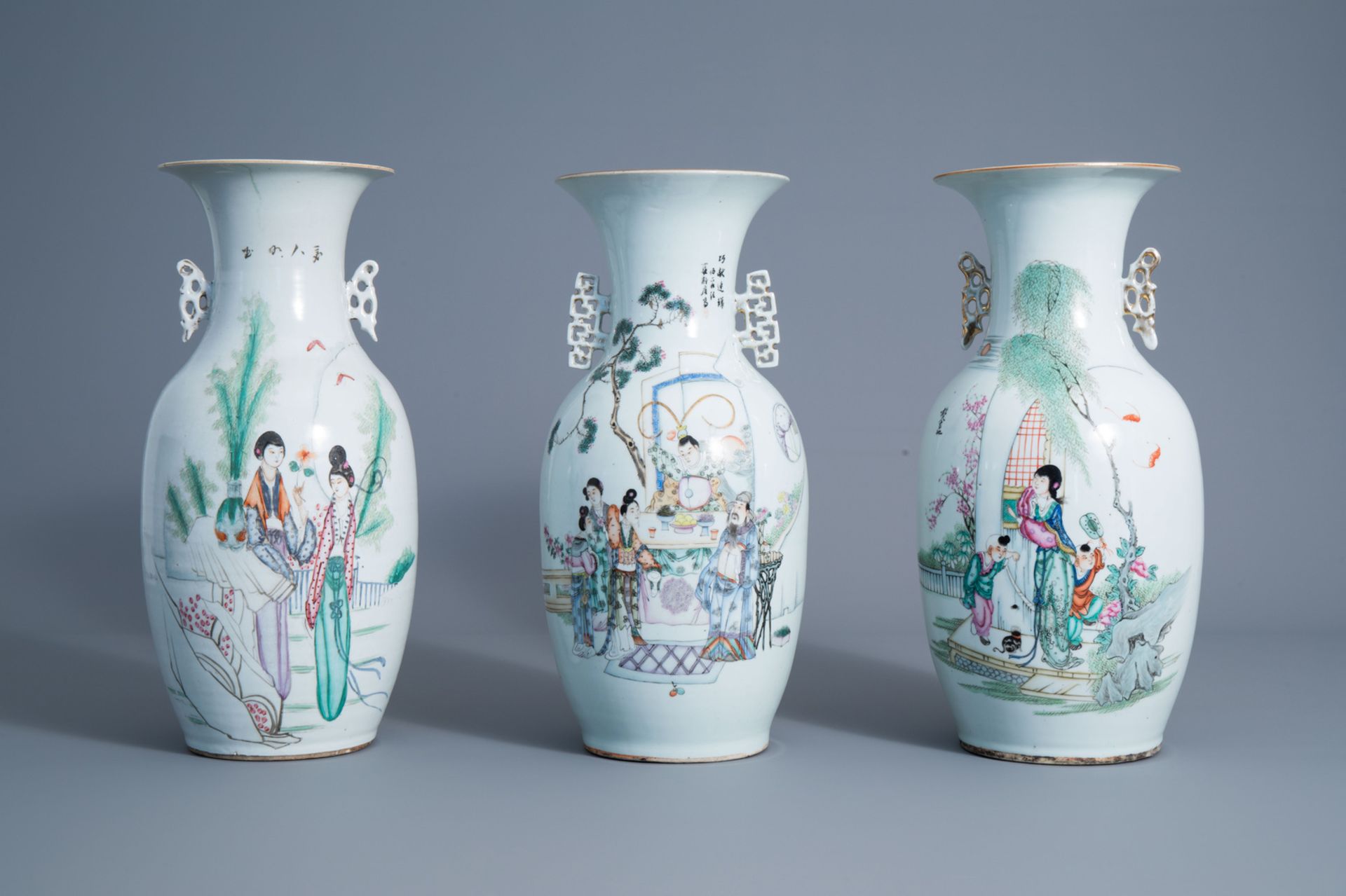 Three Chinese famille rose vases with figures in a garden, 19th/20th C.