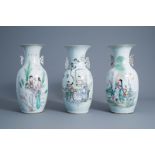 Three Chinese famille rose vases with figures in a garden, 19th/20th C.