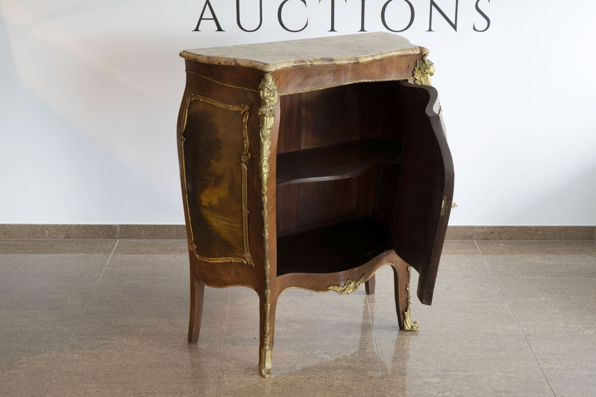 A French gilt bronze mounted Vernis Martin 'meuble d'appui' with brche d'Alep marble top, 19th/20th - Image 7 of 10