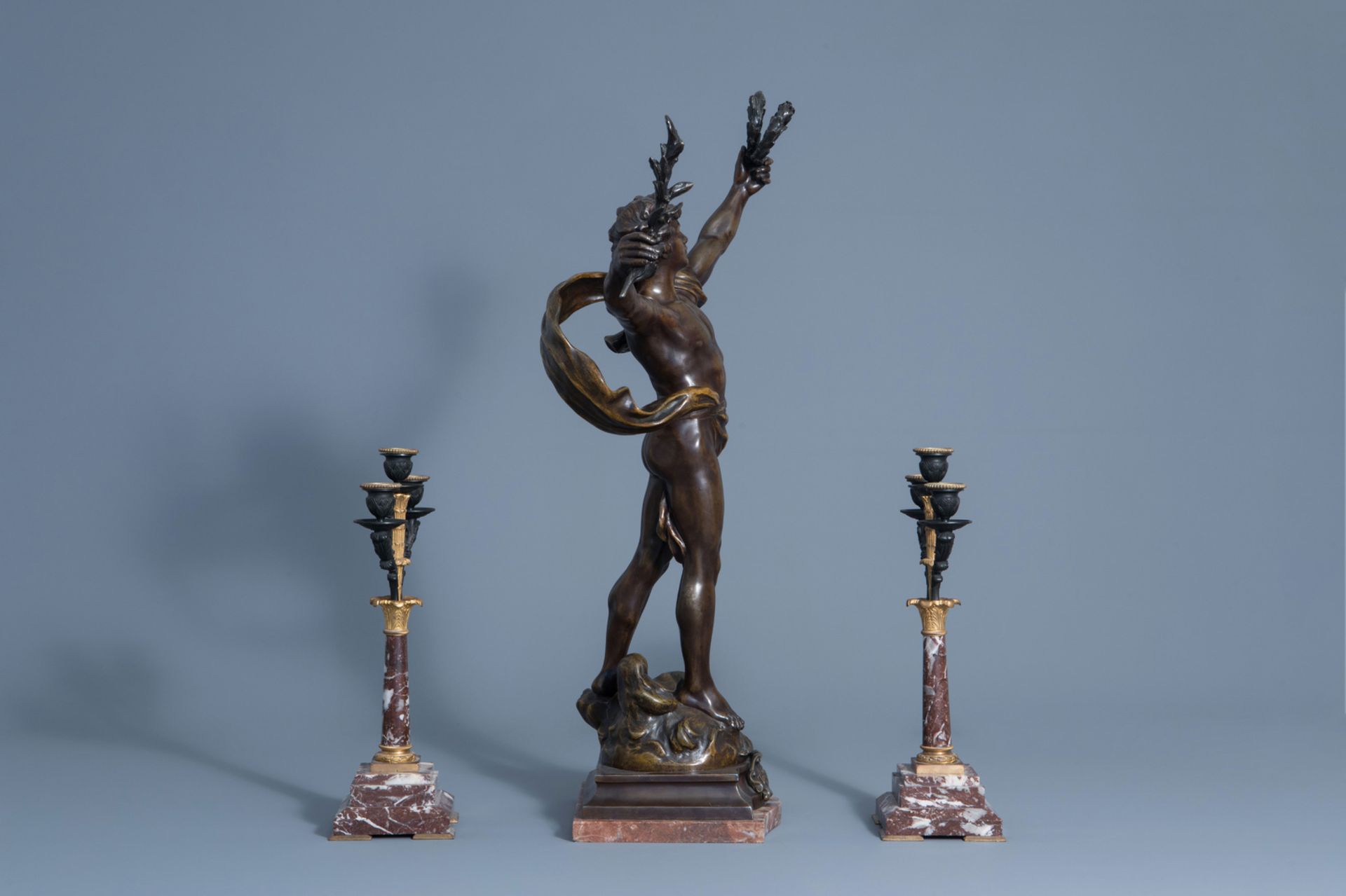 Louis Moreau (1883-1952): 'Le triomphe', patinated zamac and a pair of marble and bronze candelabra, - Image 3 of 9