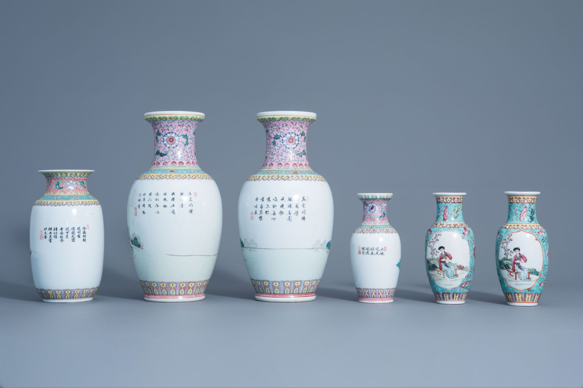 A varied collection of ten Chinese famille rose vases, 20th C. - Image 10 of 13