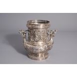 An exceptional silver wine cooler with mythological scenes all around, various marks, 19th/20th C.