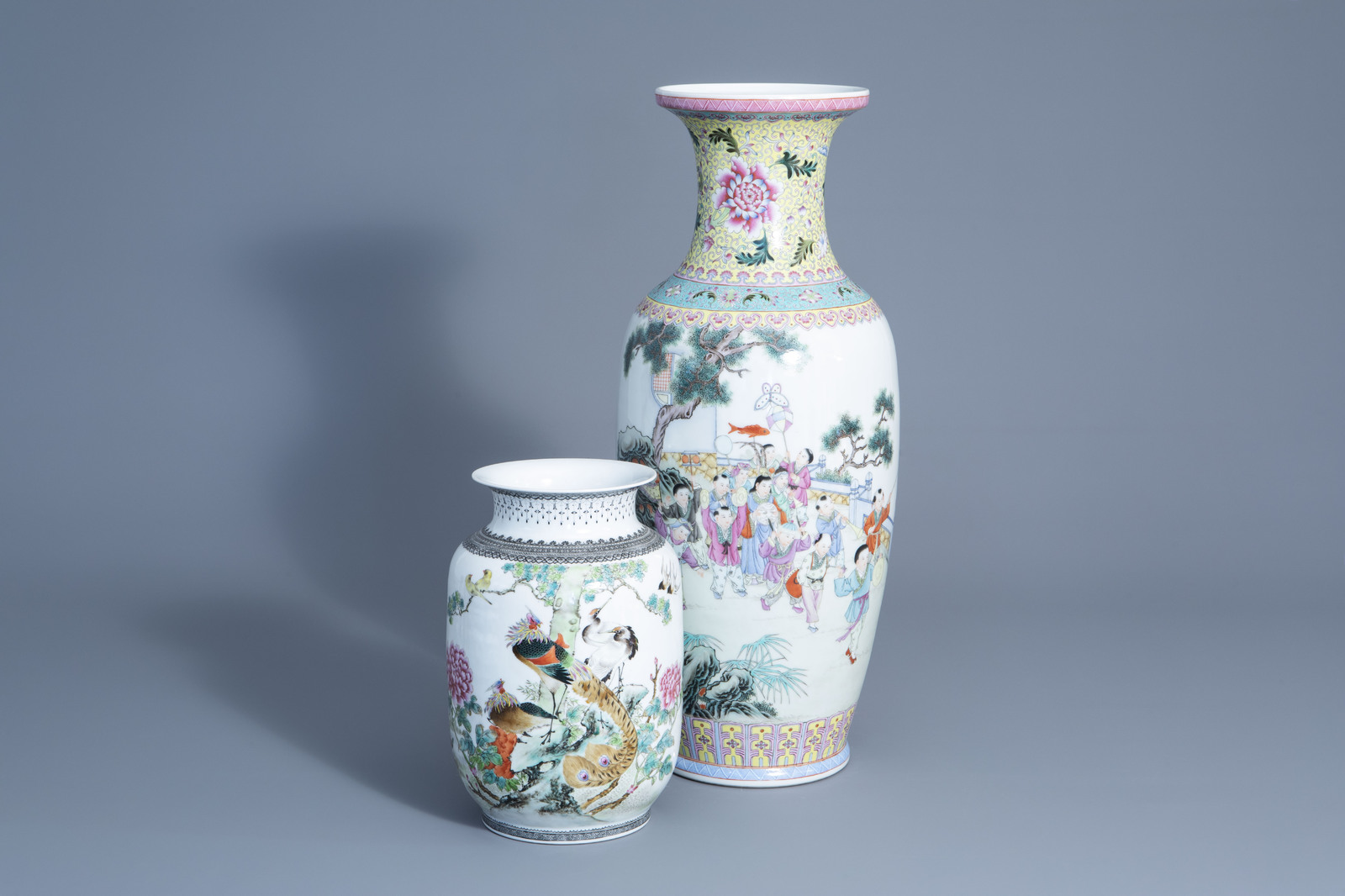 Two Chinese famille rose vases with different designs, Republic