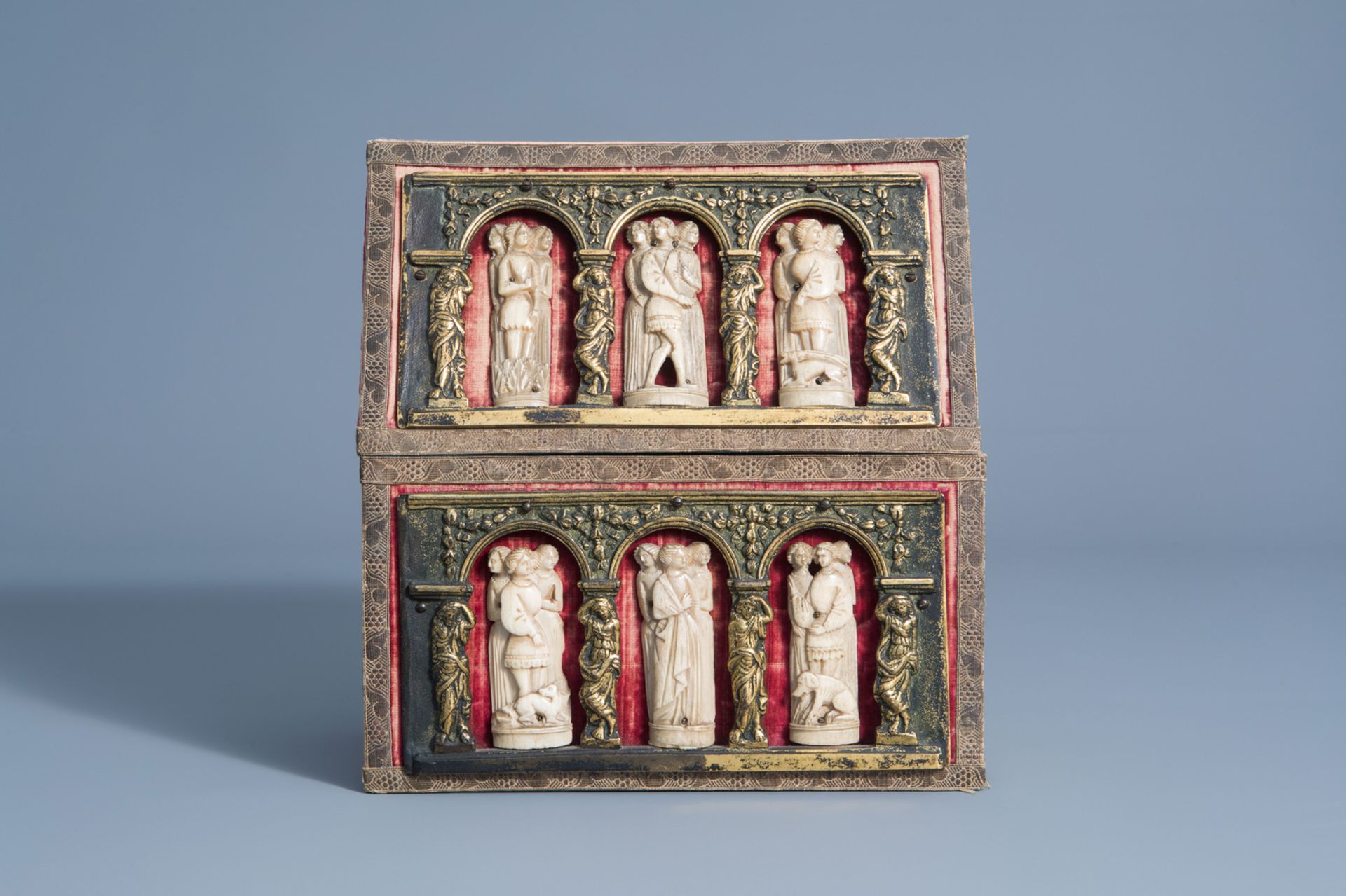 A Gothic revival wooden reliquary box with gilt bronze mounts and bone Embriacchi style carvings, Fr - Image 3 of 12