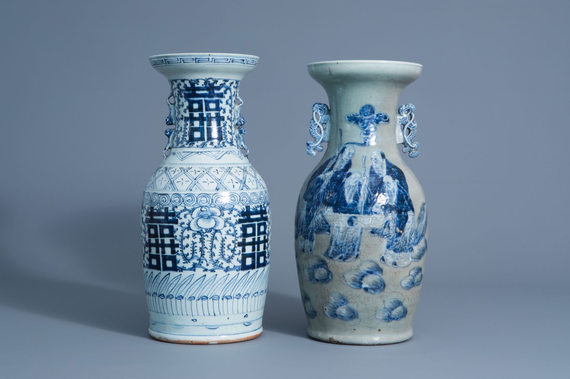 A Chinese blue and white celadon ground 'Immortals' vase and a blue and white 'Xi' vase, 19th/20th C