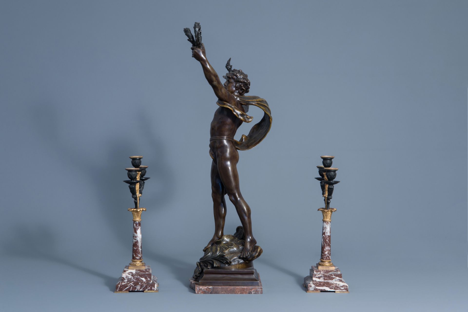 Louis Moreau (1883-1952): 'Le triomphe', patinated zamac and a pair of marble and bronze candelabra, - Image 5 of 9