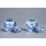 A pair of Chinese blue and white cups and saucers, Kangxi