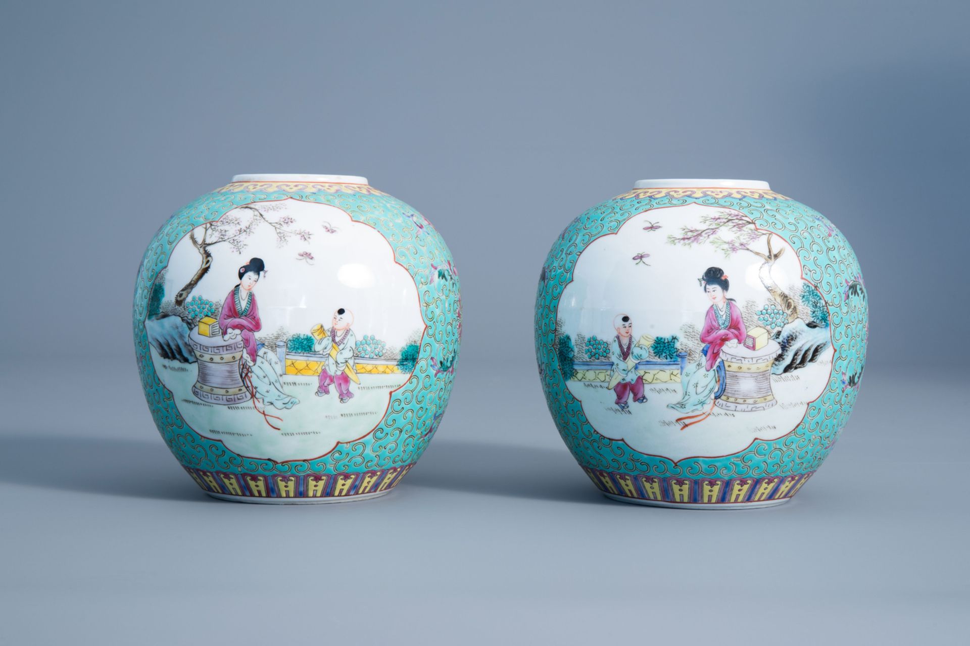 Two various Chinese famille rose vases, a charger and two jars, 20th C. - Image 10 of 15