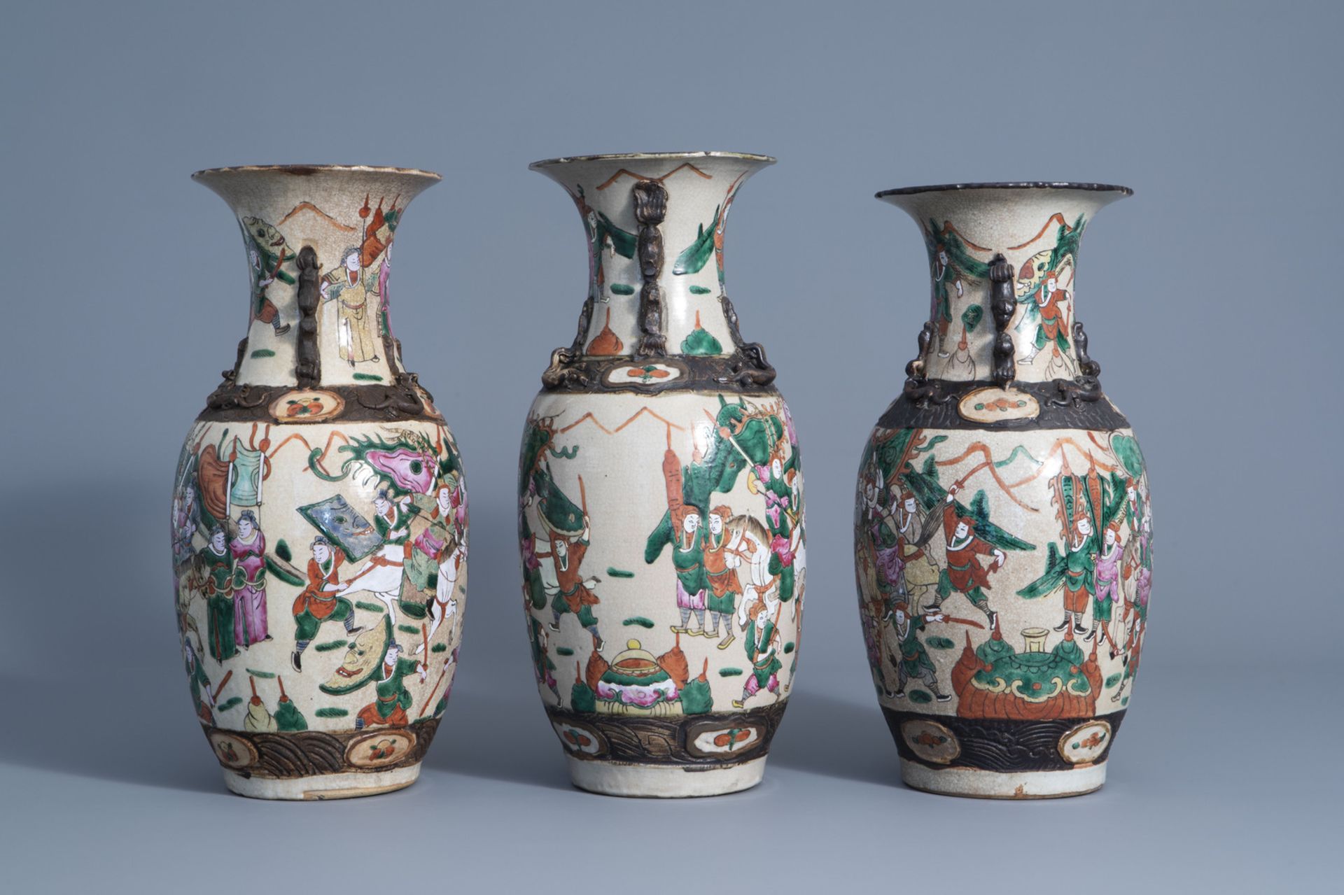 Three Chinese Nanking crackle glazed famille rose vases with warrior scenes, 19th C. - Image 2 of 6