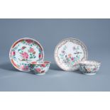 Two Chinese famille rose cups and saucers with birds and flowers, Yongzheng/Qianlong