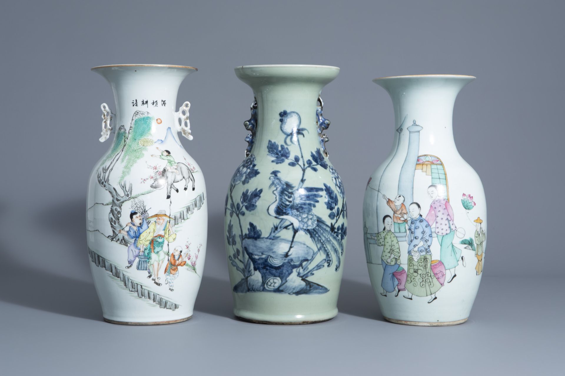 Three various Chinese famille rose and blue and white on celadon ground vases, 19th/20th C.