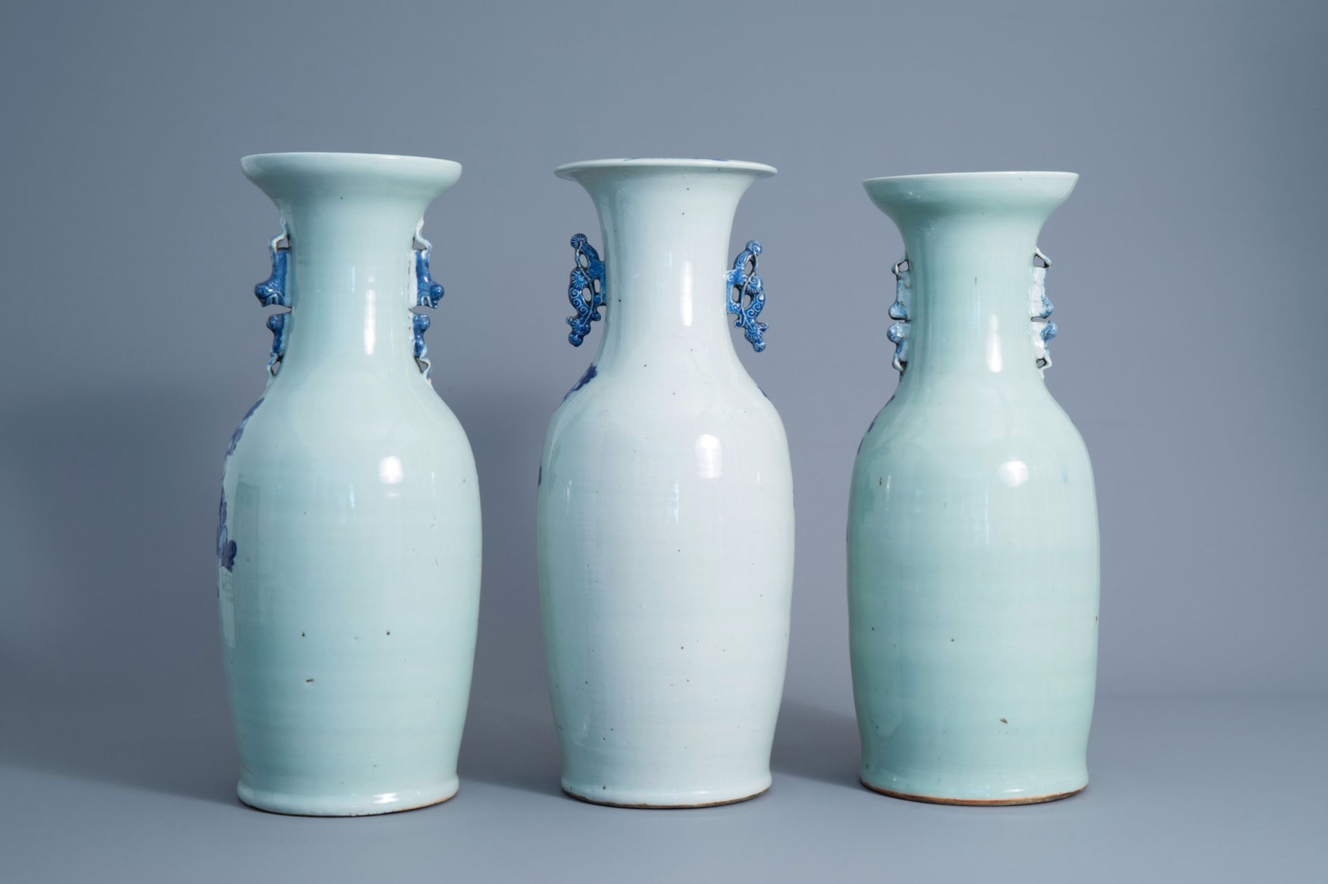 Three Chinese blue and white celadon vases with antiquities and birds among blossoms, 19th C. - Image 4 of 7