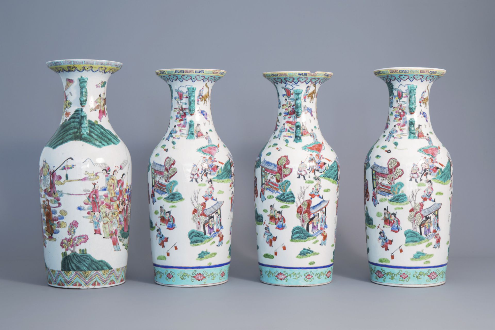 Four Chinese famille rose vases with figurative design all around, 20th C. - Image 4 of 6