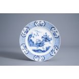 A Chinese blue and white plate with a hunting scene, Kangxi