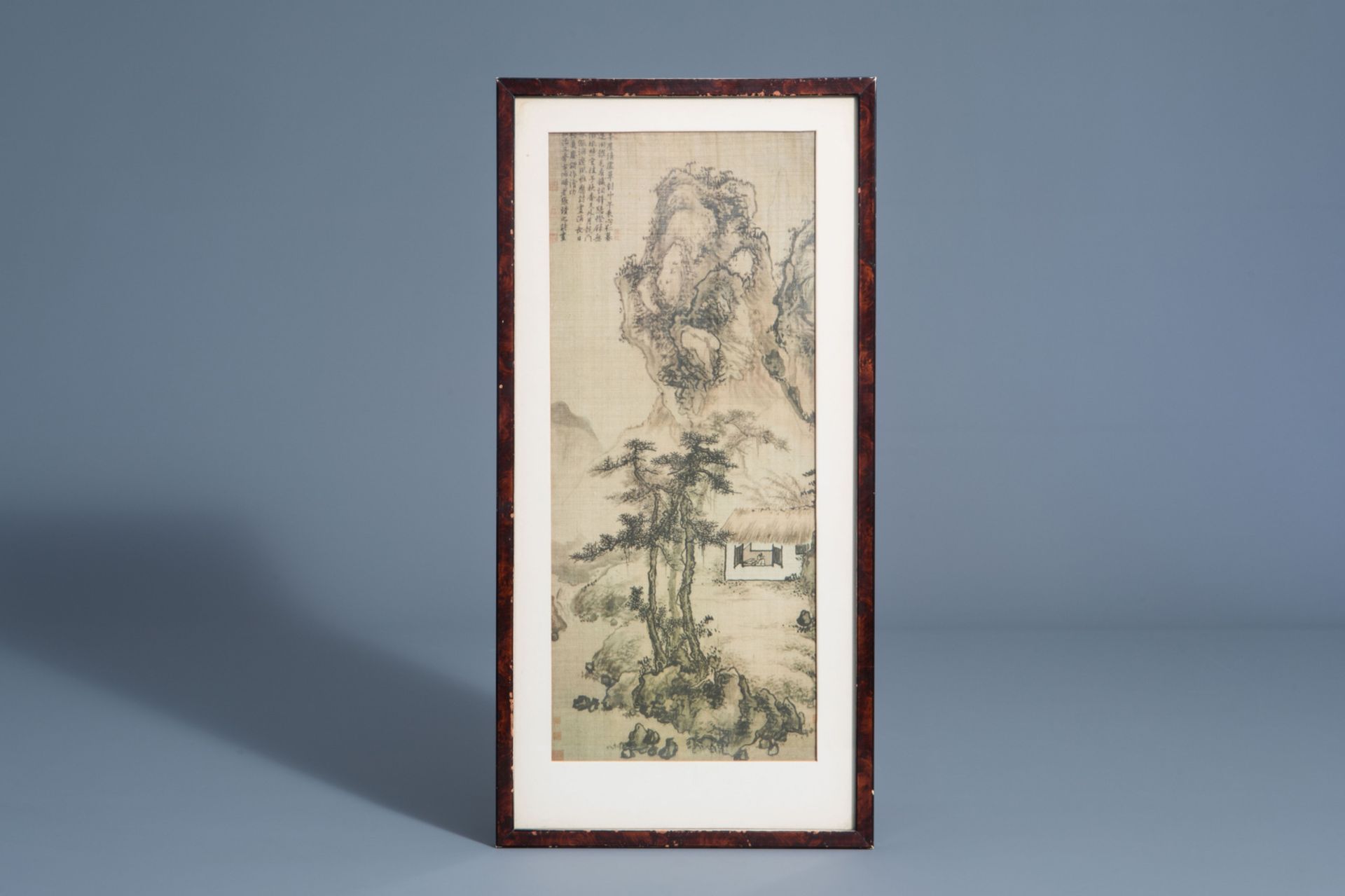 Chinese school, ink and colour on silk, 19th C.: Rocky landscape with cabin - Image 2 of 4
