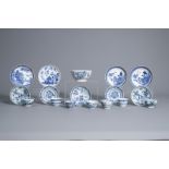 A varied collection of Chinese blue and white cups and saucers, Kangxi/Qianlong
