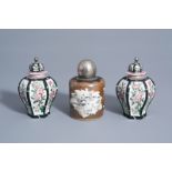 A Chinese grisaille Batavian ware tea caddy and two Samson famille rose style tea caddies, 18th/19th