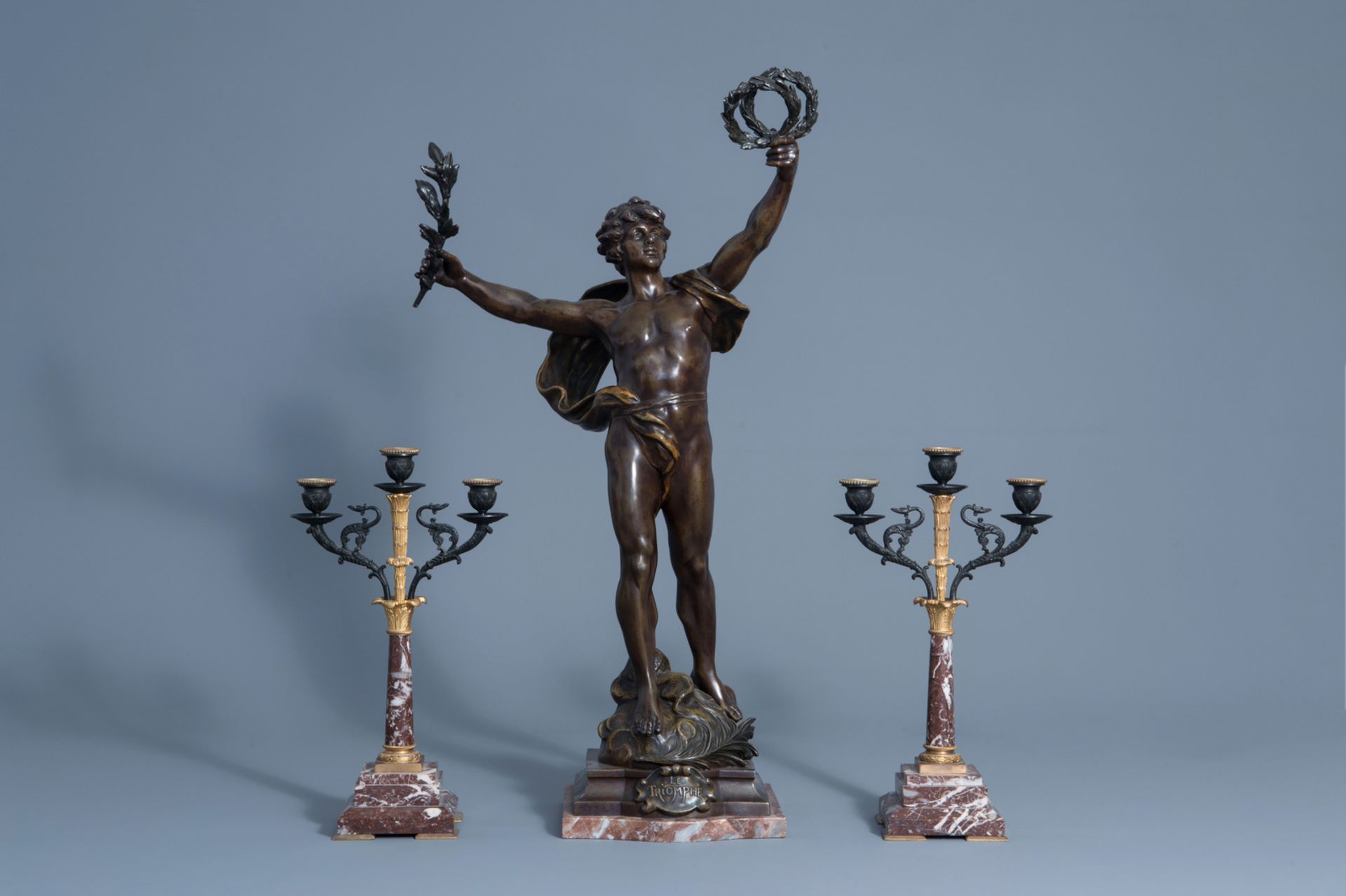 Louis Moreau (1883-1952): 'Le triomphe', patinated zamac and a pair of marble and bronze candelabra, - Image 2 of 9