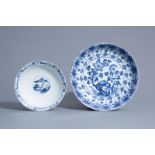A Chinese blue and white dish and a bowl with different designs, Kangxi and 19th C.