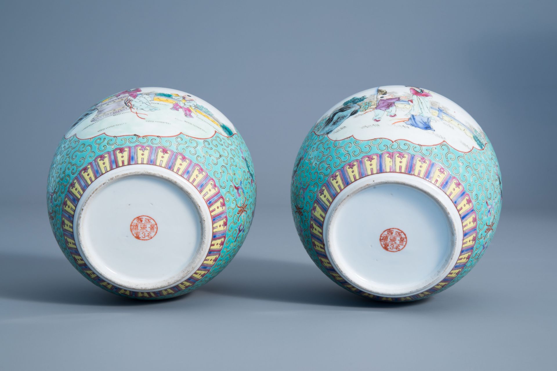 Two various Chinese famille rose vases, a charger and two jars, 20th C. - Image 13 of 15