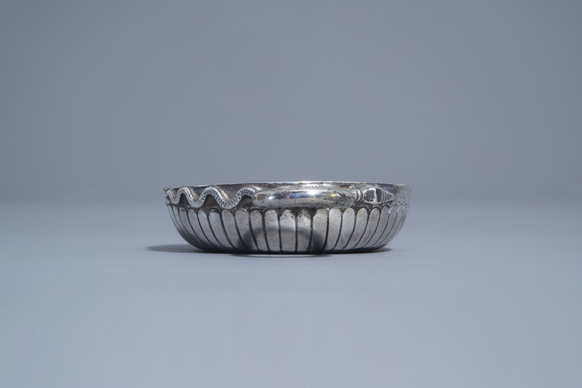 A silver wine cup with a snake shaped ear and owner's name 'M. Besnard', Southern Netherlands, 18th - Image 3 of 13