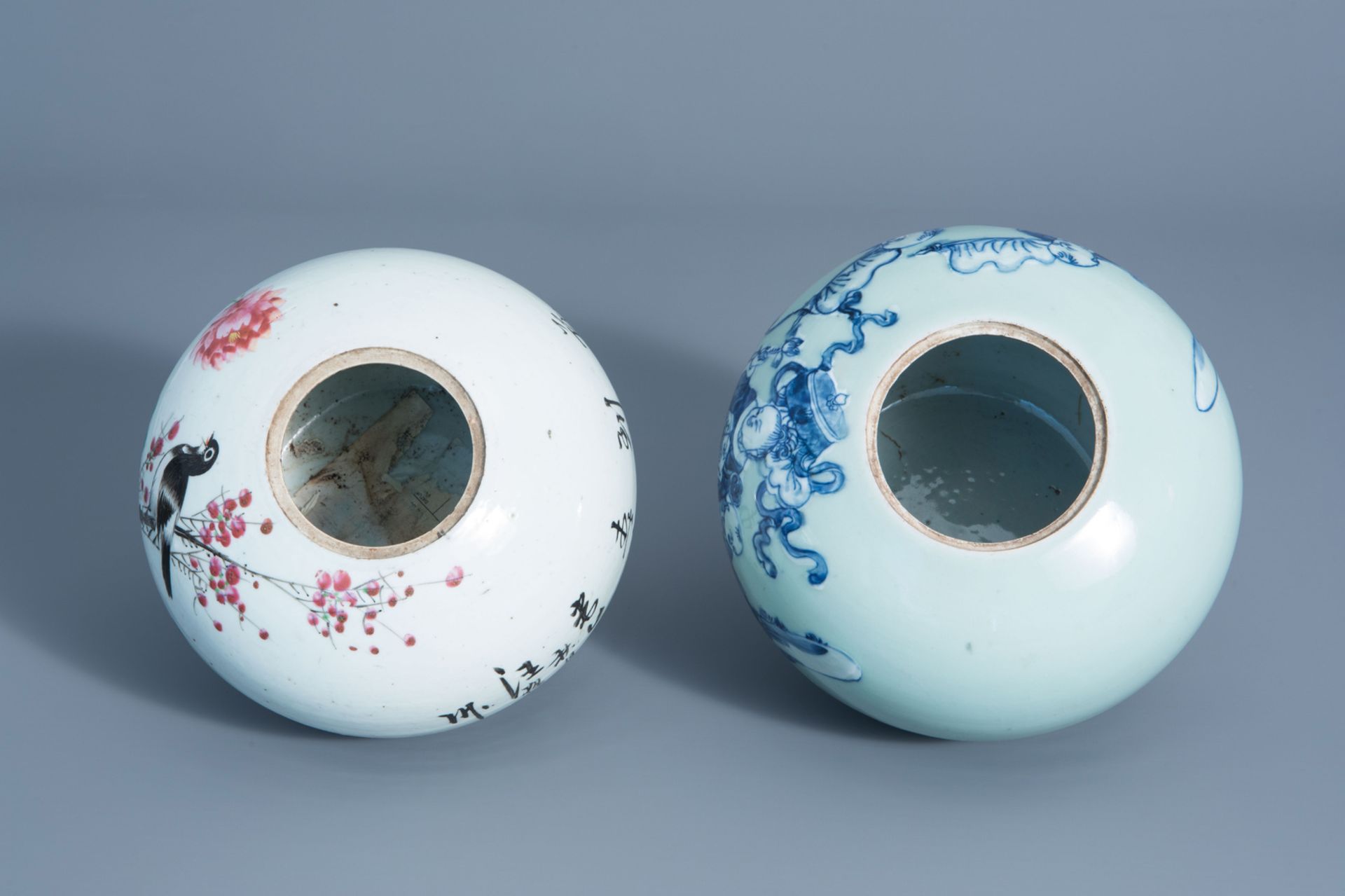 Two Chinese qianjiang cai and blue and white on celadon ground jars and covers with different design - Image 7 of 9