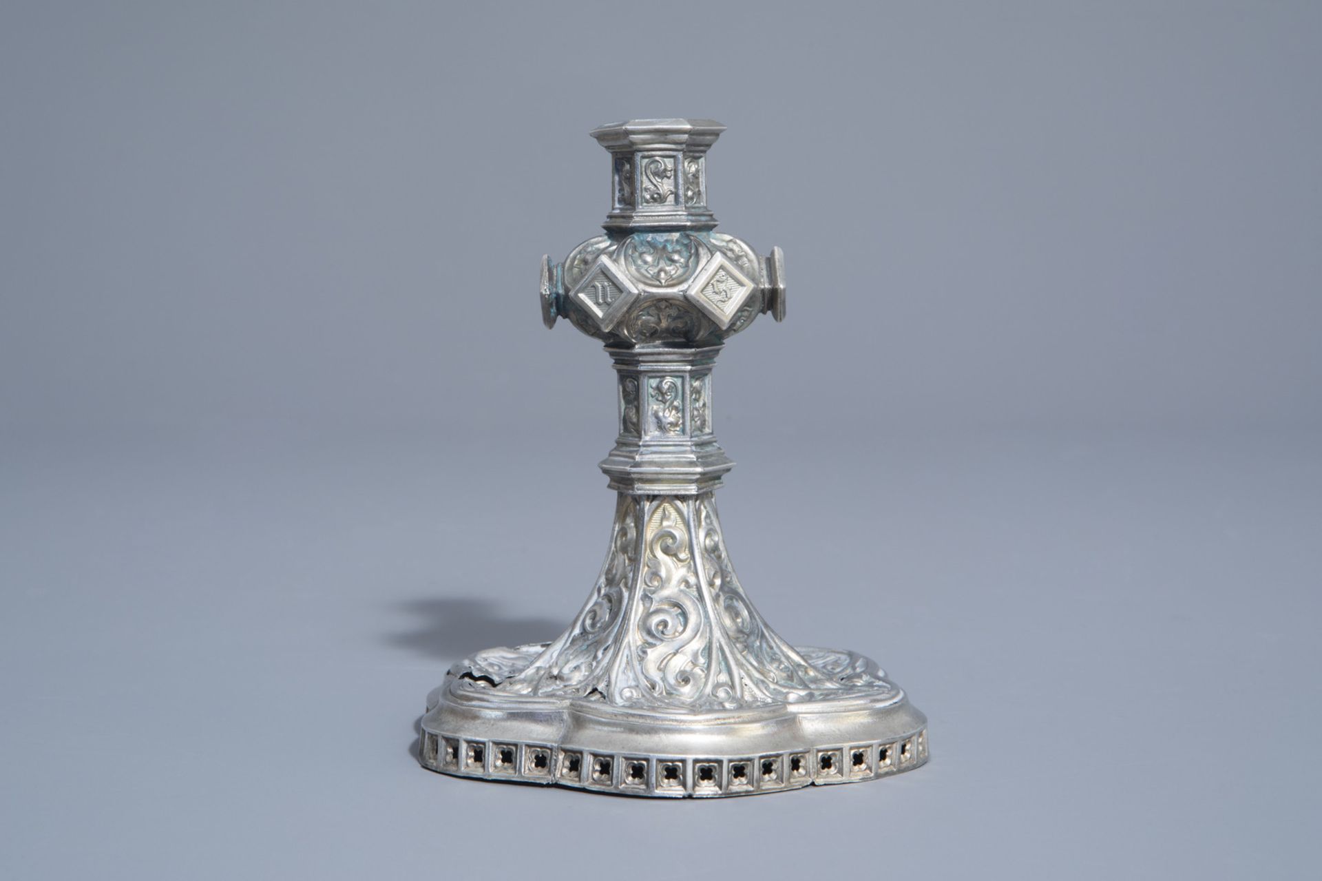 A silver plated Gothic Revival candlestick, France, 19th/20th C. - Image 4 of 19