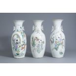 Three Chinese famille rose vases with Immortals and figures in a landscape, 19th/20th C.