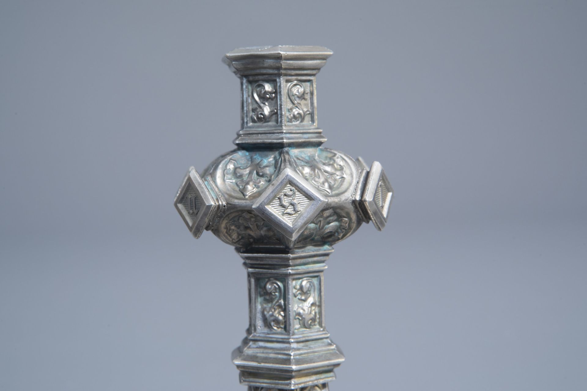 A silver plated Gothic Revival candlestick, France, 19th/20th C. - Image 17 of 19