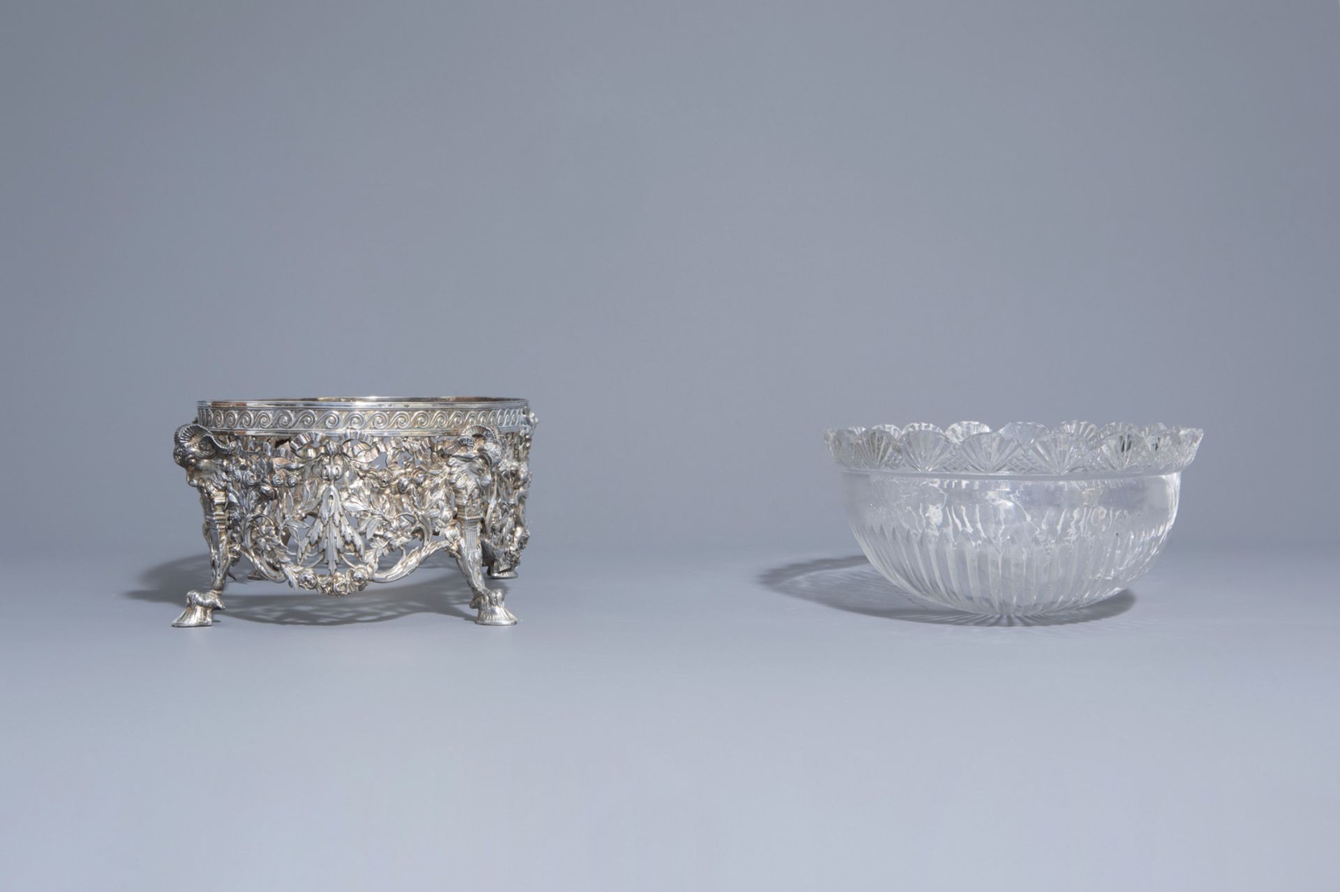 An imposing silver centerpiece with love theme and floral design with accompanying bowl, France, 19t - Image 3 of 10