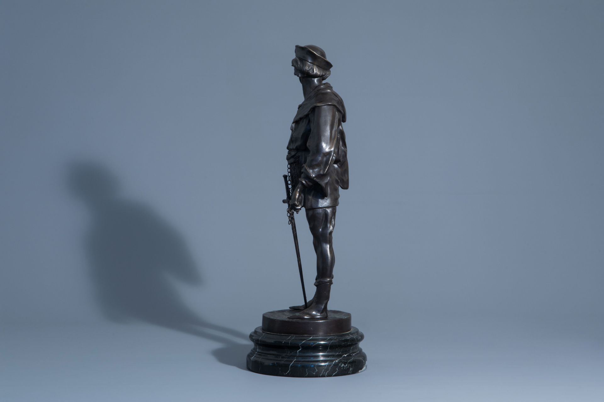 Emile Louis Picault (1833-1915): 'Escholier', patinated bronze on a marble base - Image 5 of 9