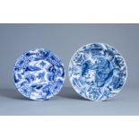 Two Dutch Delft blue and white chinoiserie dishes, 17th/18th C.