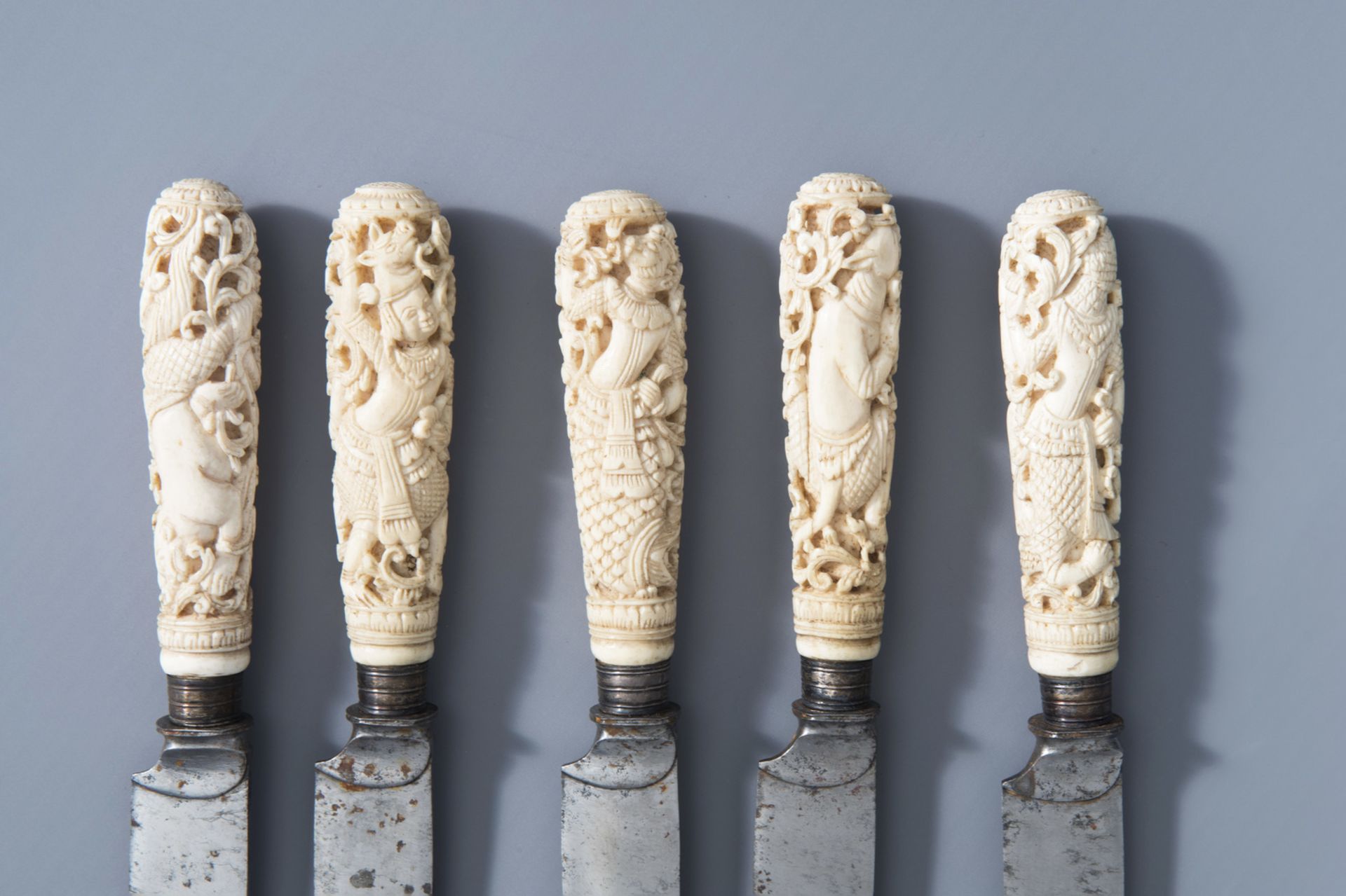 Five knives with carved ivory handles with dancing figures, India or Indonesia, 19th C. - Image 3 of 4