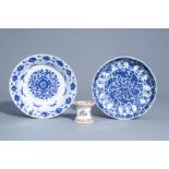 Two Chinese blue and white plates and a famille verte caster with floral design, Kangxi