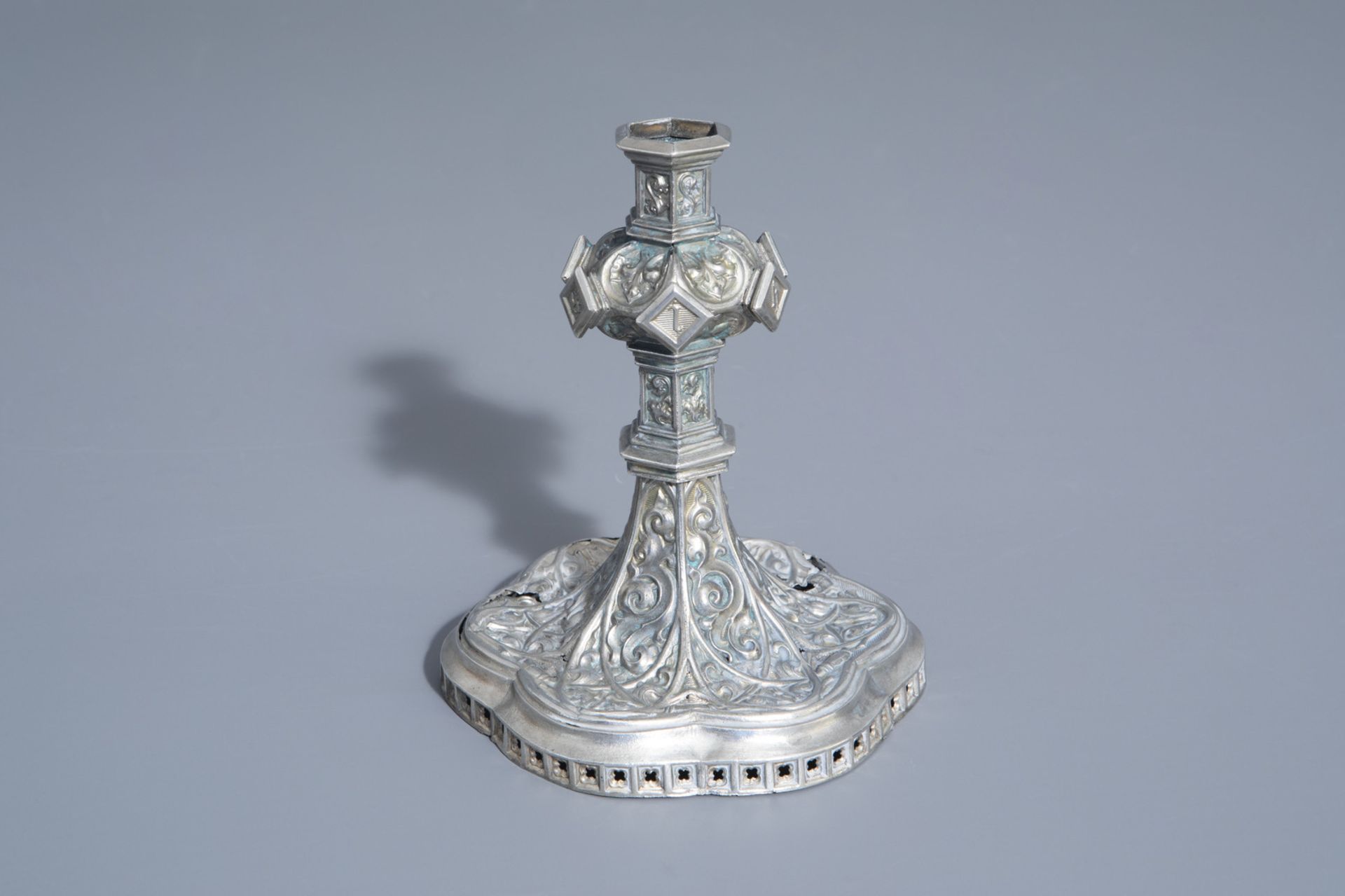 A silver plated Gothic Revival candlestick, France, 19th/20th C. - Image 2 of 19