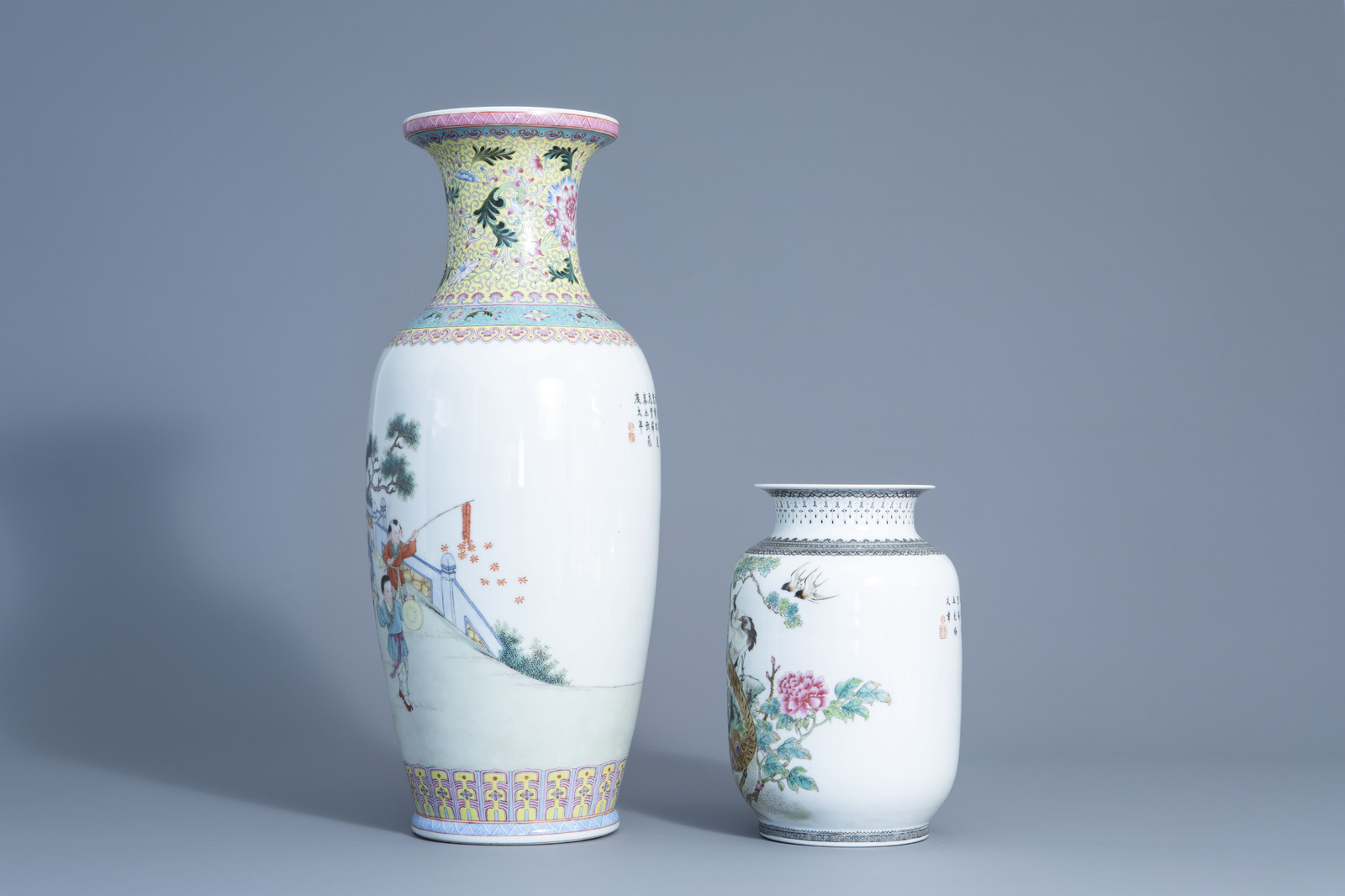 Two Chinese famille rose vases with different designs, Republic - Image 5 of 7