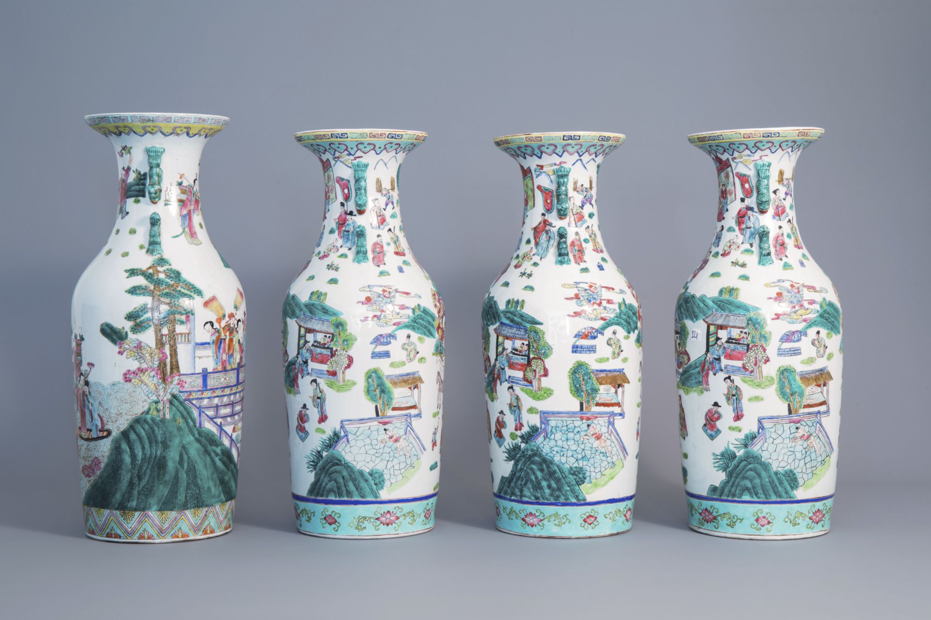 Four Chinese famille rose vases with figurative design all around, 20th C. - Image 2 of 6